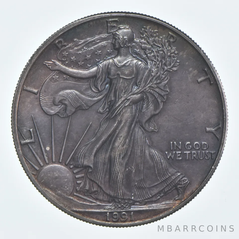 Beautiful Toned - 1991 American Silver Eagle 1 Troy Oz .999 Fine Silver *958