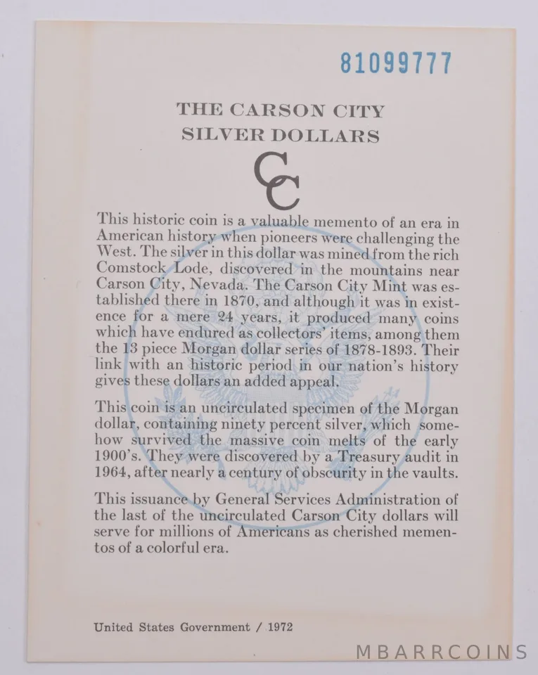 COA 1881 GSA Certificate Original Card for CC Morgan Silver Dollar (1card)