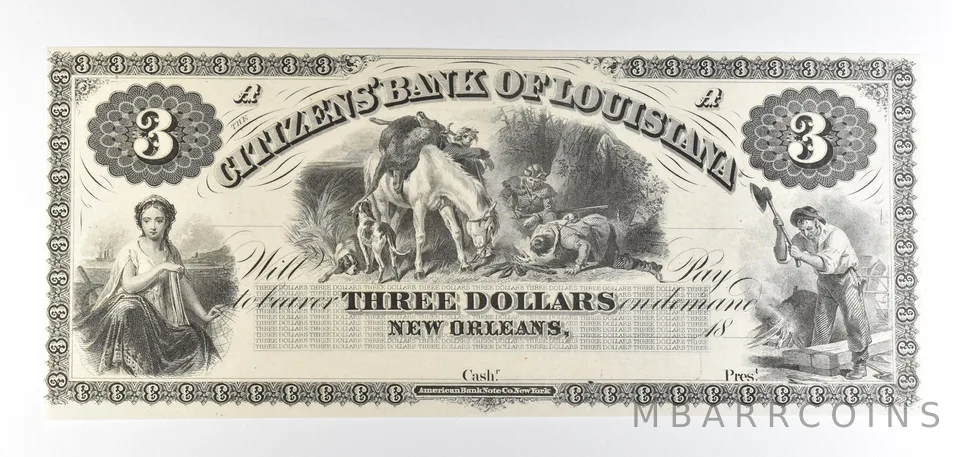 1800s $3 New Orleans LA Citizens Bank Obsolete Note *8846