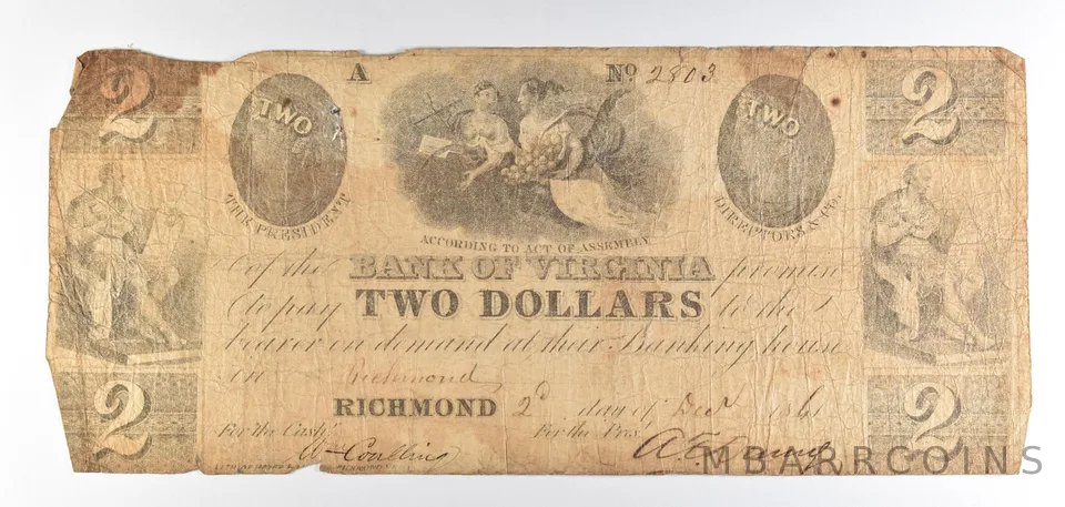 1861 $2 Richmond VA Bank Of Virginia Obsolete Note *8819