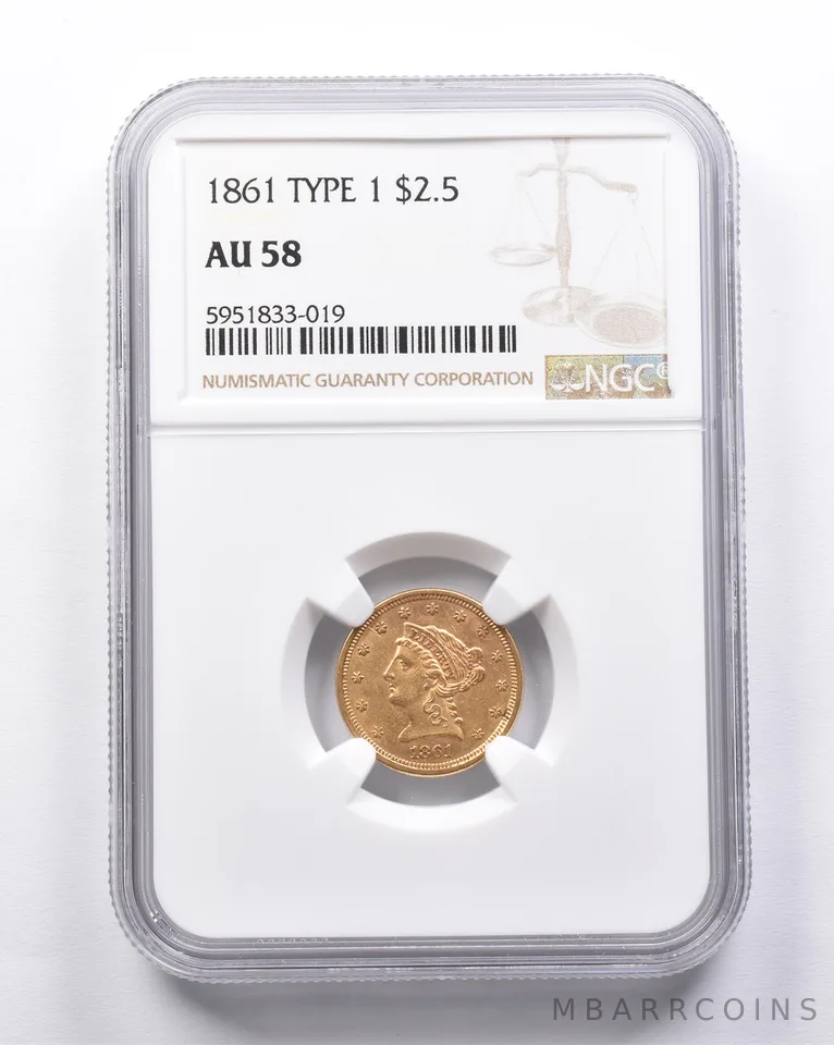 AU58 1861 Type 1 $2.50 Liberty Head Gold Quarter Eagle NGC *6919
