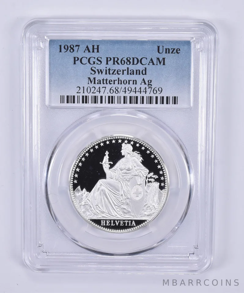 1987 AH Switzerland Unze Matterhorn Ag PR68 DCAM PCGS Blue Label