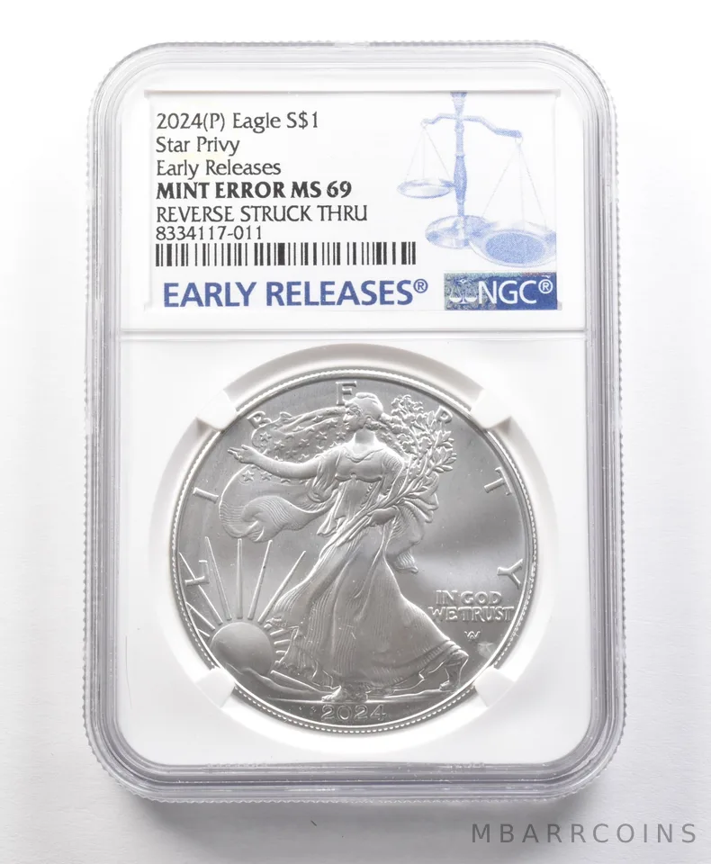 2024 (P) American Silver Eagle Star Privy Error Rev Struck Thru MS69 NGC *5676