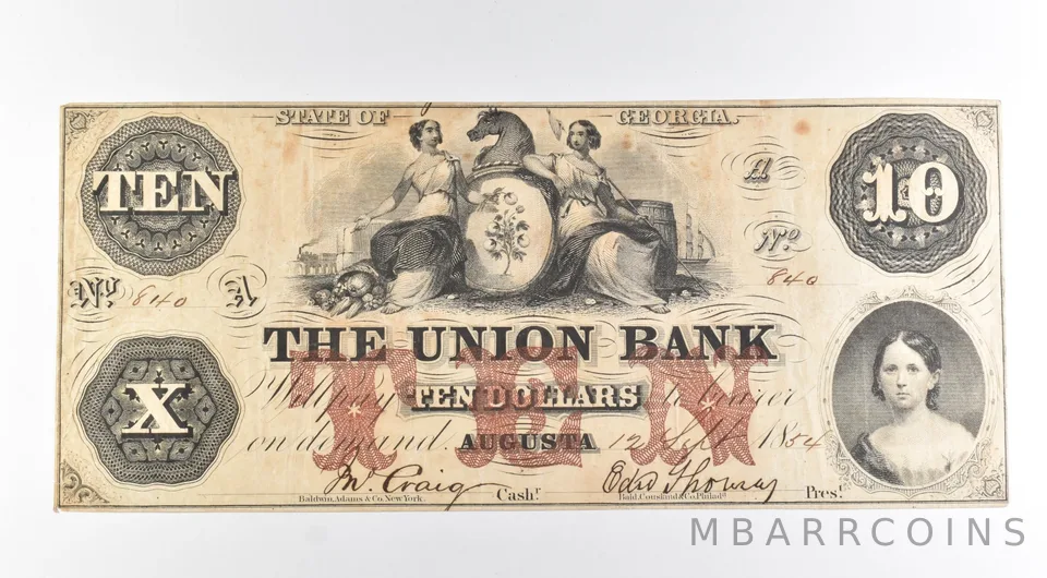 1854 $10 Augusta GA The Union Bank Note Large Note a8474