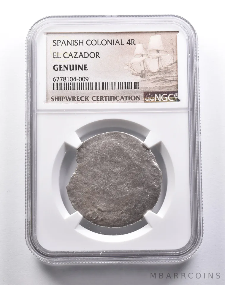 Genuine El Cazador Spanish Colonial 4 Reales NGC Shipwreck Certification *3702