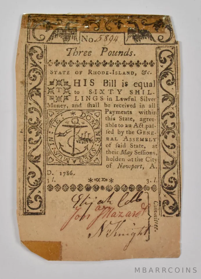1786 3 Pounds Newport, Rhode Island Colonial Currency *9848