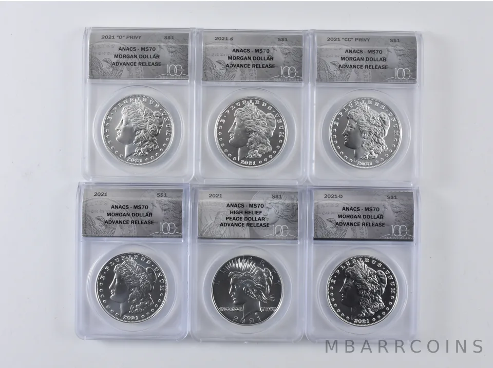 Lot (6) 2021-P/D/S/"O"/"CC" Morgan/Peace Silver Dollar AR MS70 ANACS a0521
