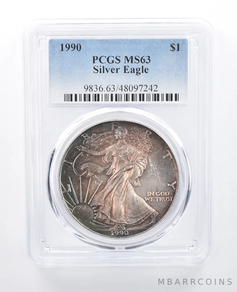 1990 American Silver Eagle MS63 PCGS Blue/Purple Tone *8088