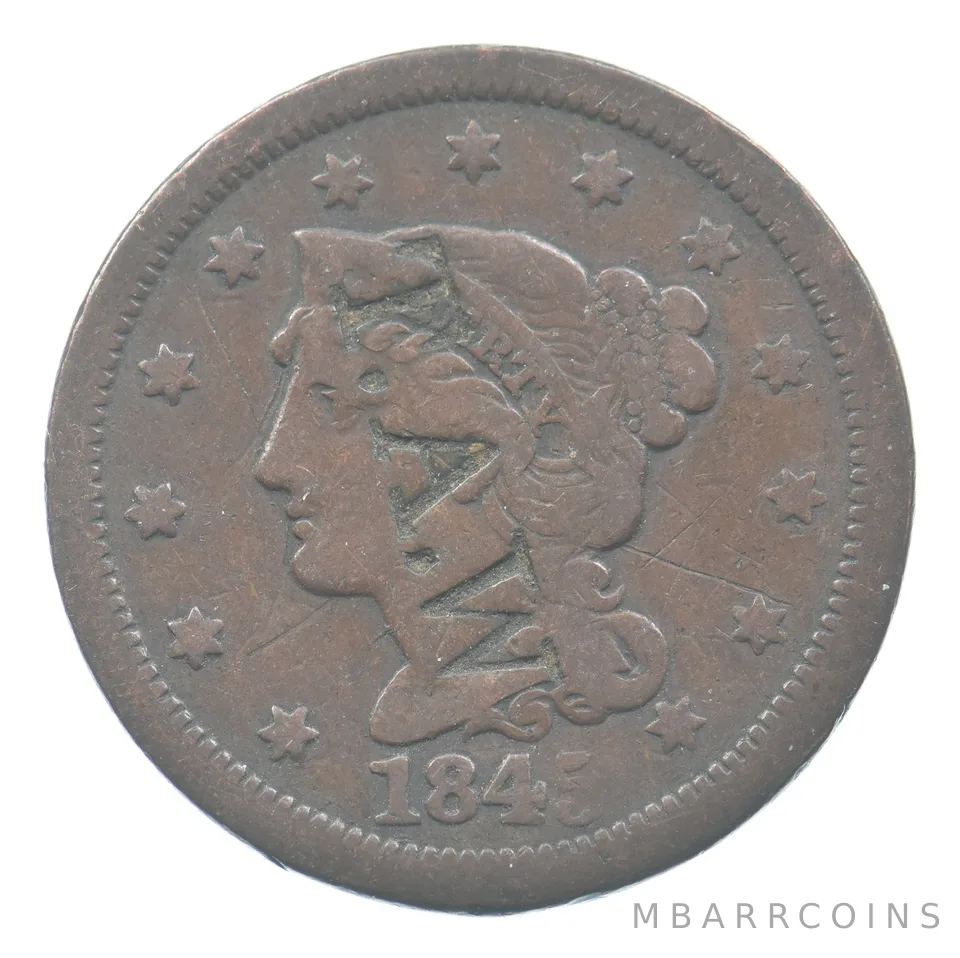 1845 Braided Hair Large Cent Counterstamp TAW *2082