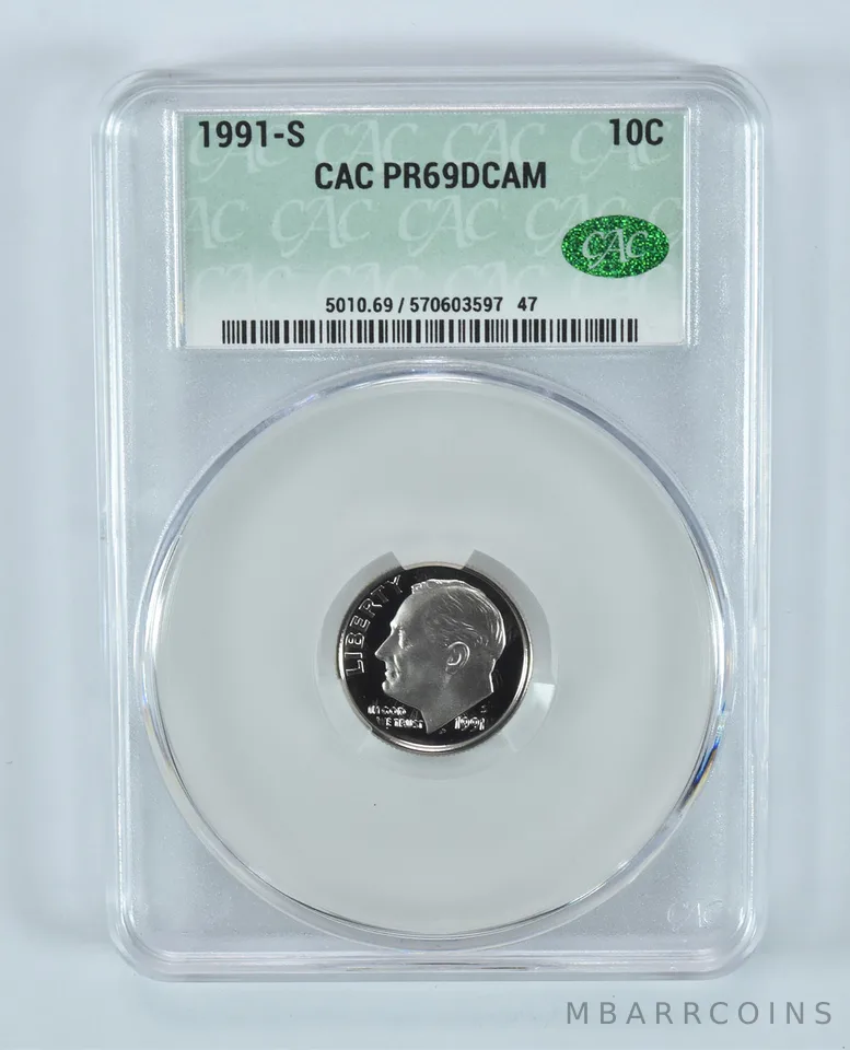 1991-S Roosevelt Dime PR69 DCAM CAC CACg