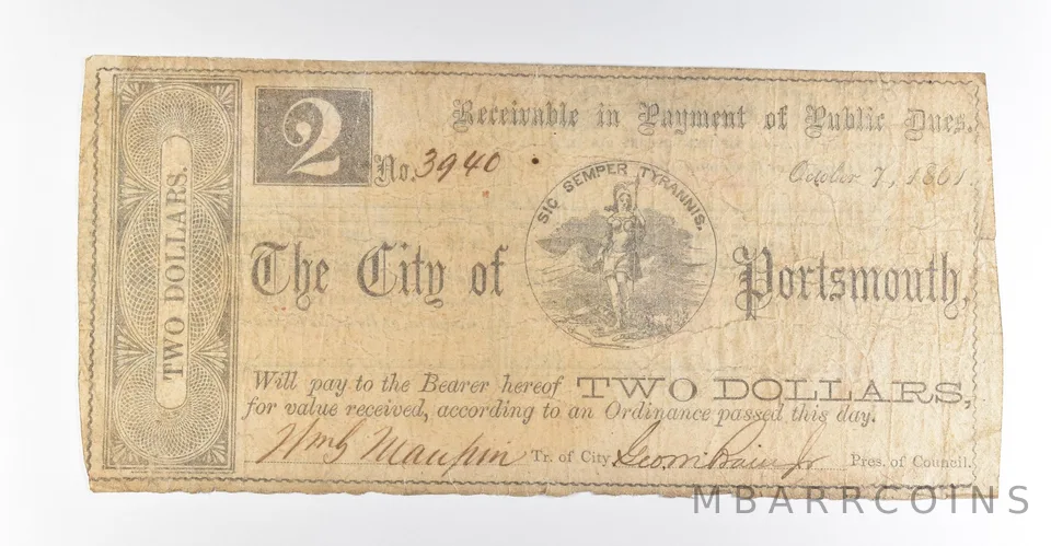 1861 $2 Portsmouth NH Obsolete Note *8471