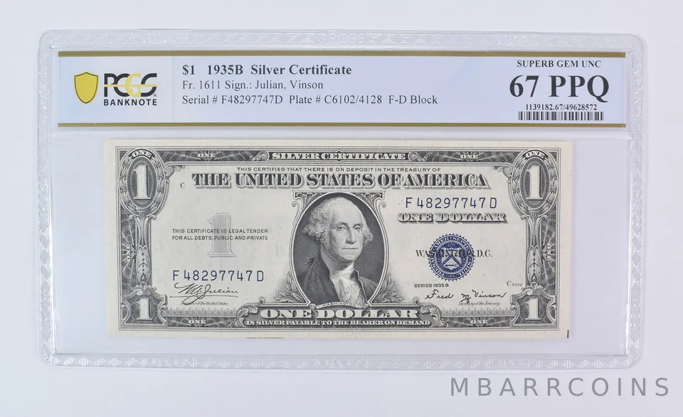 1935 B $1 Silver Certificate Fr#1611 Superb Gem Unc 67 PPQ PCGS