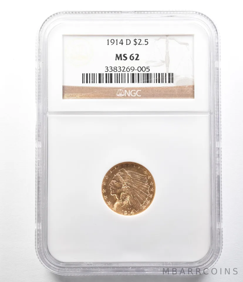 1914-D $2.50 Indian Head Gold Quarter Eagle MS62 NGC a0389