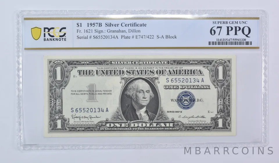 1957 B $1 Silver Certificate Fr#1621 Superb Gem Unc 67 PPQ PCGS