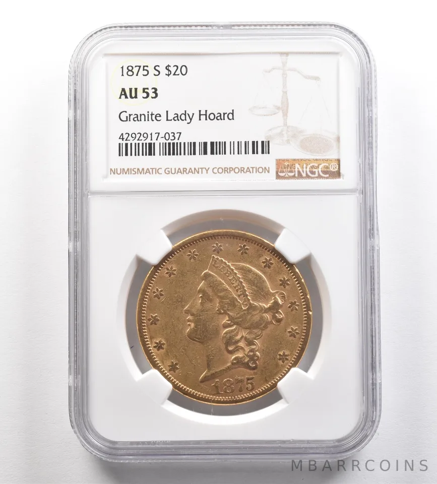 1875-S $20 Liberty Head Gold Double Eagle Granite Lady Hoard AU53 NGC *4296
