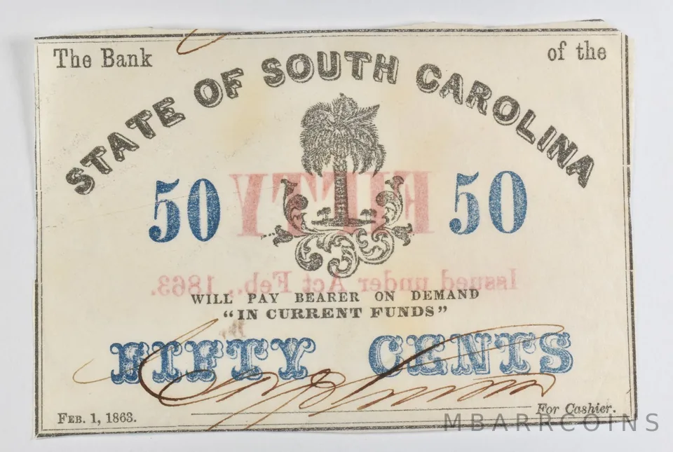 1863 50 Cents State Of South Carolina Bank Note *8465