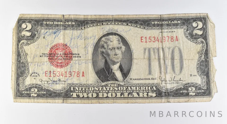 1928 G $2 US Note Red Seal Short Snorter WWII John Ryan Marine *9648