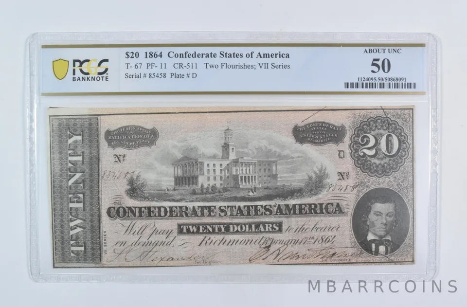 1864 $20 Confederate States Of America T-67 PF-11 CR-511 About Unc 50 PCGS a5871