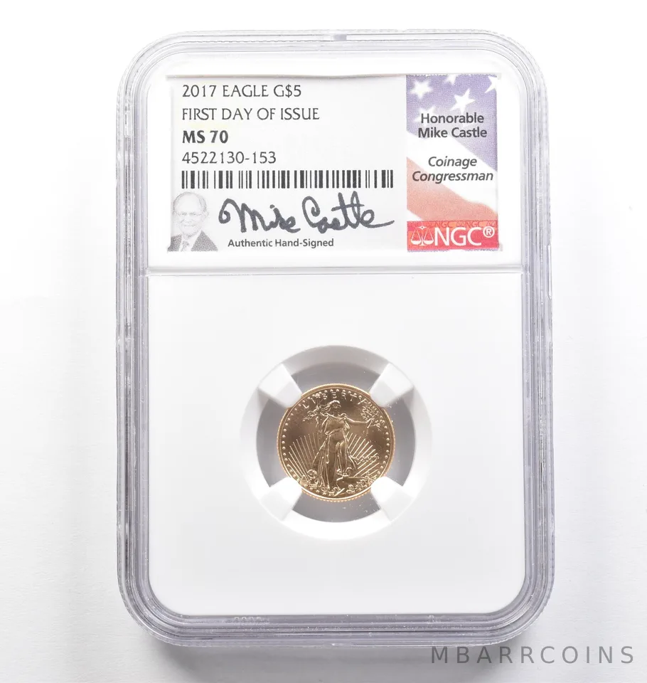 2017 $5 American Gold Eagle Mike Castle FDOI 1/10 Oz Gold MS70 NGC *6969