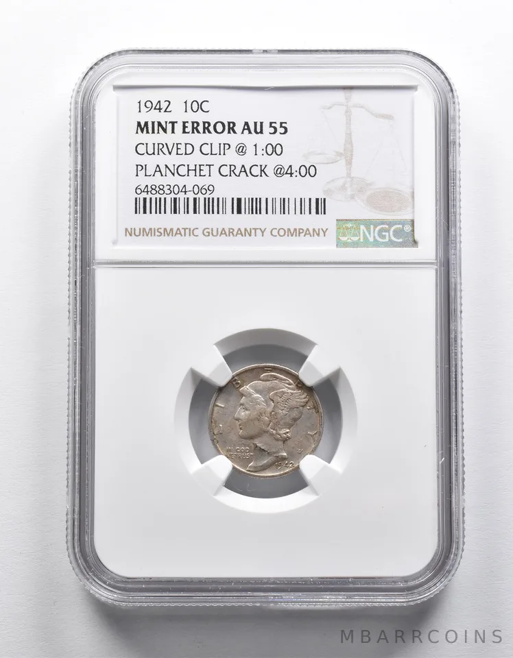 Mint Error AU55 1942 Mercury Dime Curved Clip Planchet Crack NGC *1889