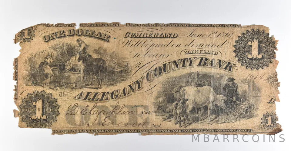 1864 $1 Cumberland MD Allegany County Bank Obsolete Note *8496