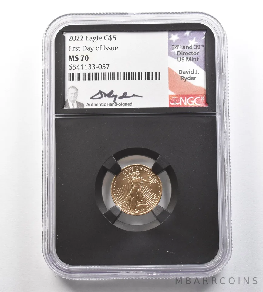 2022 $5 American Gold Eagle David Ryder FDOI 1/10 Oz Gold MS70 NGC *0995