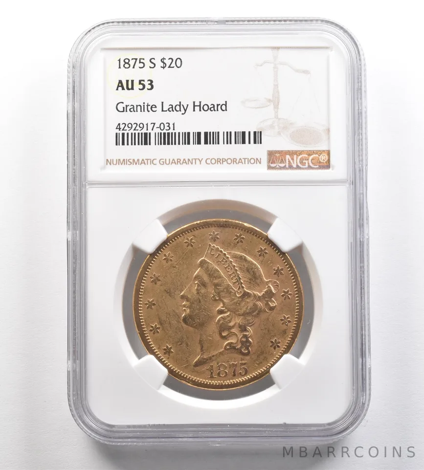 1875-S $20 Liberty Head Gold Double Eagle Granite Lady Hoard AU53 NGC *4298