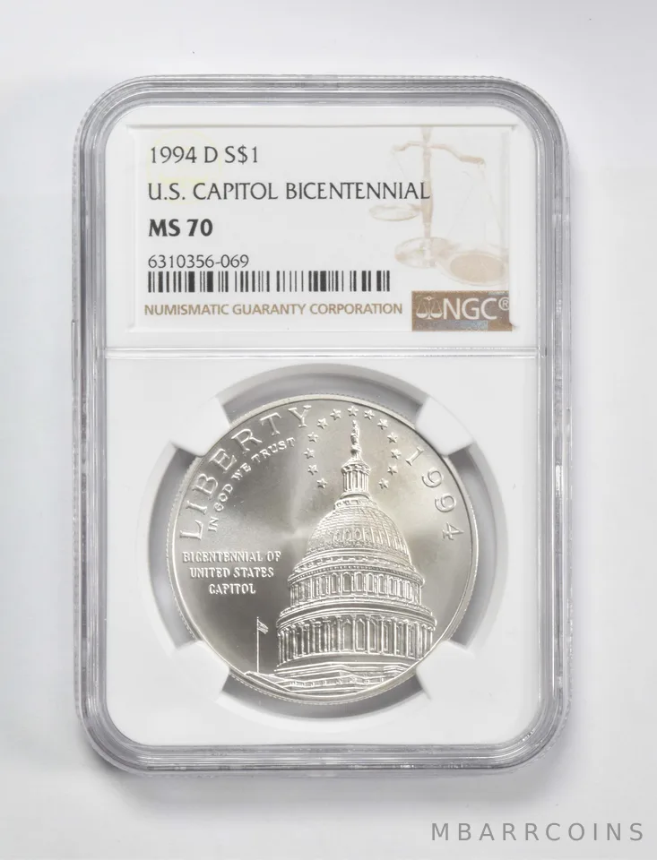 1994-D US Capitol Bicentennial Commemorative $1 MS70 NGC Brown Label