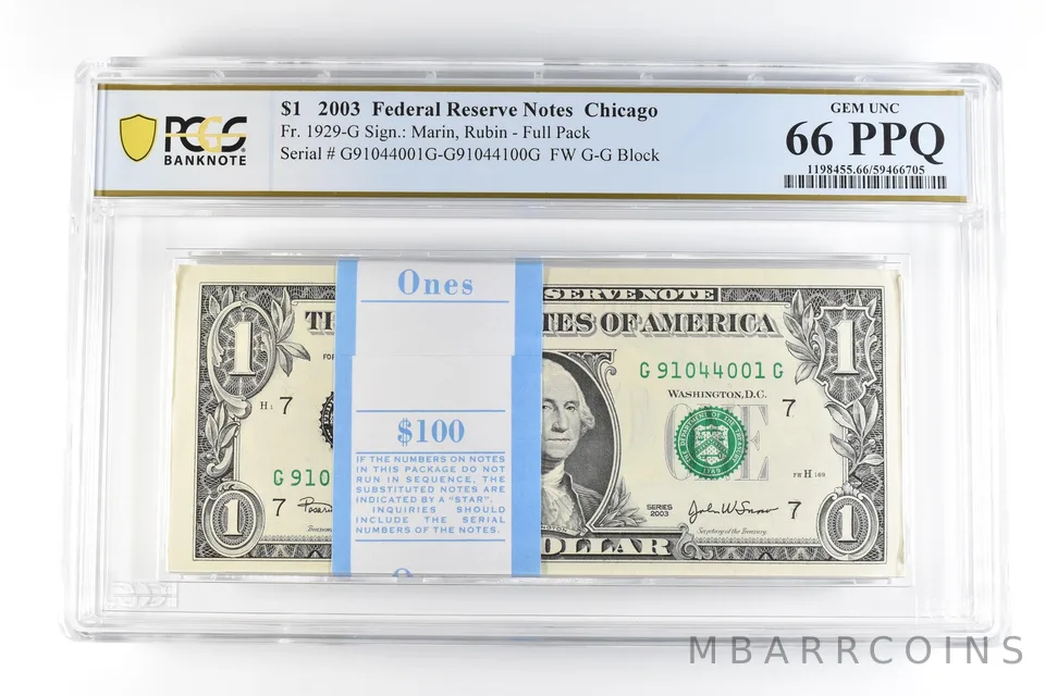 (100) 2003 $1 Chicago IL FRN Fr#1929-G Full Pack Gem Unc 66 PPQ PCGS *9858