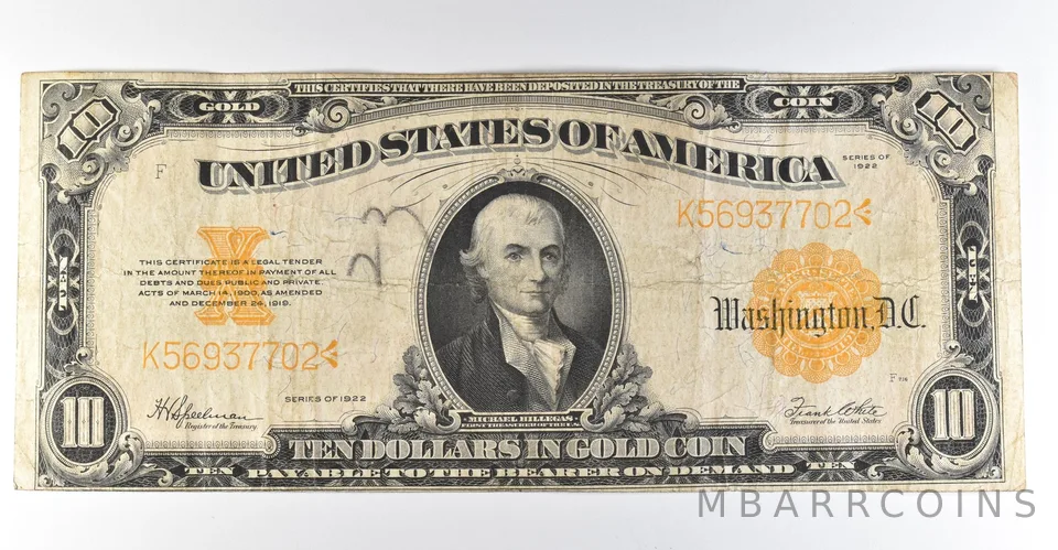 1922 $10 Gold Certificate Large Note Yellow Seal *8355