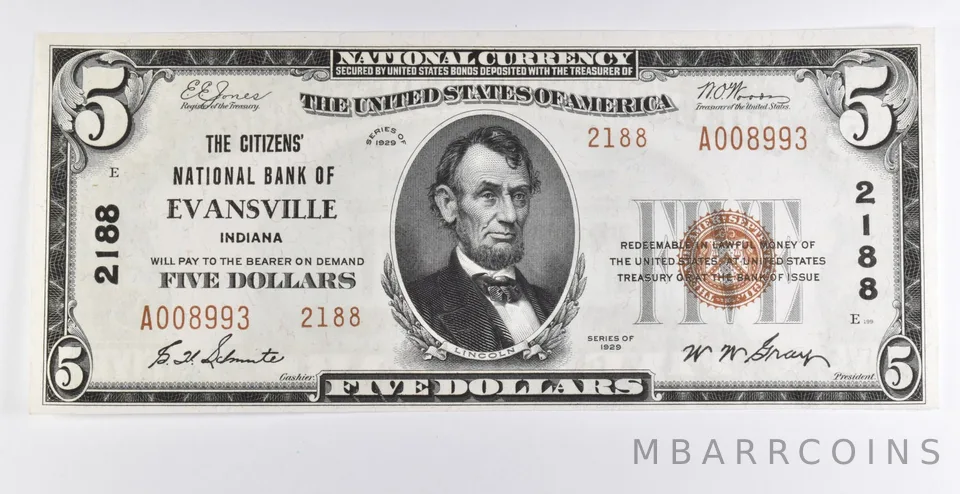 1929 $5 Evansville, IN US National Currency CH 2188 Brown Seal Unc *9753