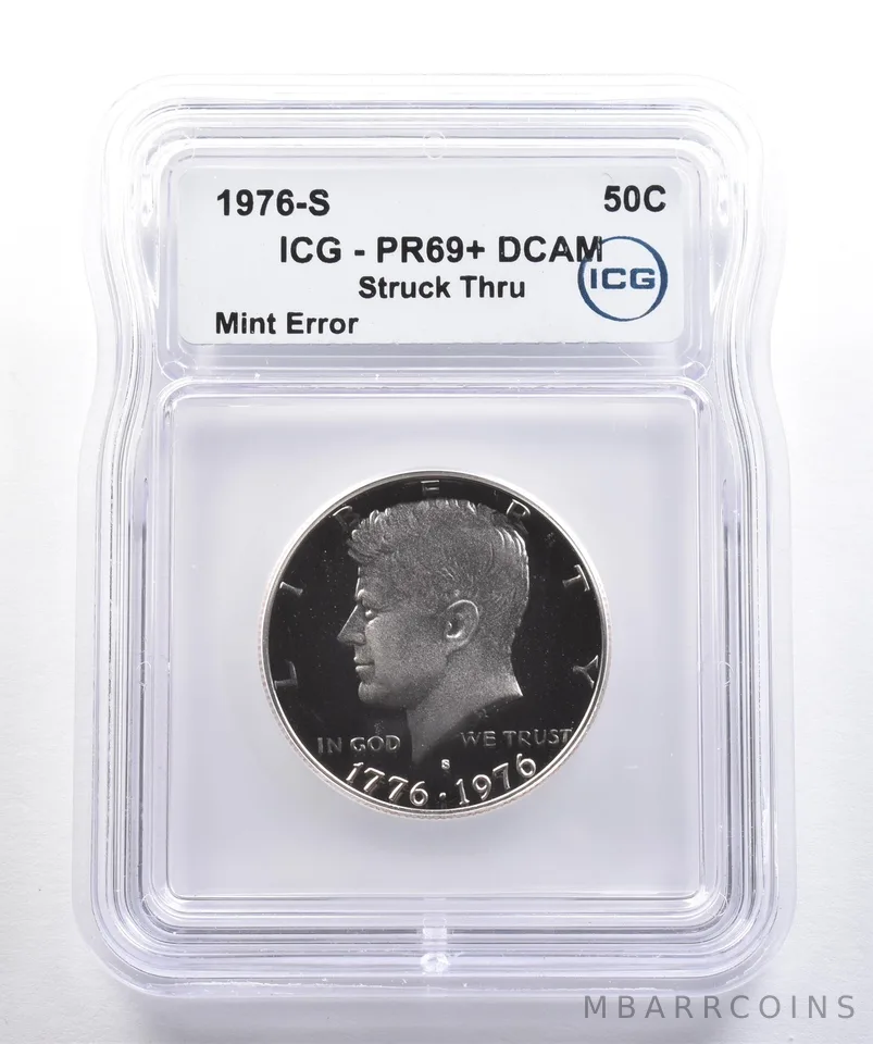 1976-S Kennedy Half Dollar Mint Error Struck Thru PR69+ DCAM ICG *4276