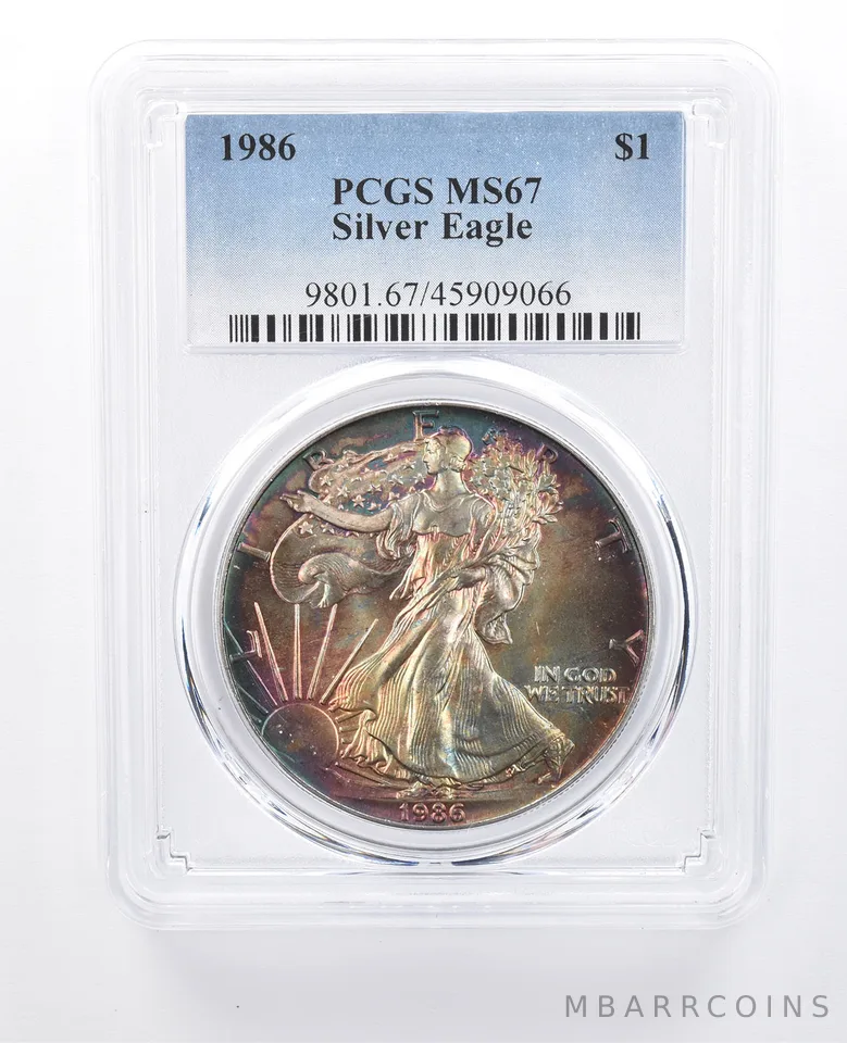 1986 American Silver Eagle MS67 PCGS Rainbow Tone a7997