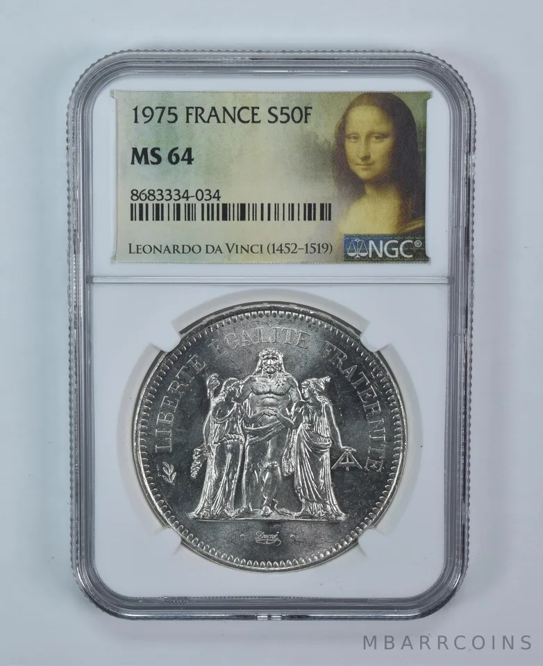 1975 France 50 Francs Silver MS64 NGC Mona Lisa Label