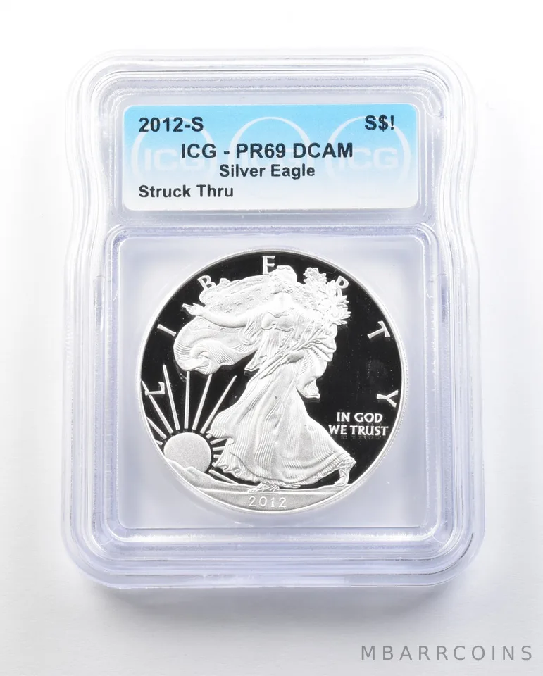 2012-S American Silver Dollar Struck Thru PR69 DCAM ICG *0596