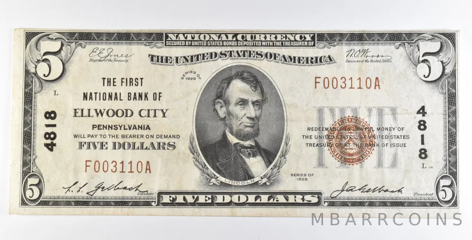 1929 $5 National Currency Note Ellwood City PA Ch#4818 *5615