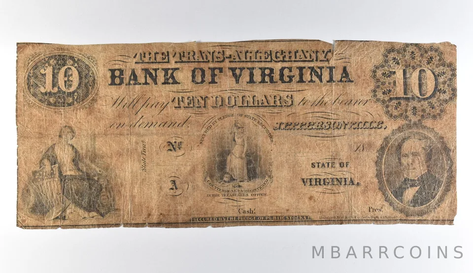 1800s $10 Virginia Trans-Allegheny Bank Obsolete Note *8216