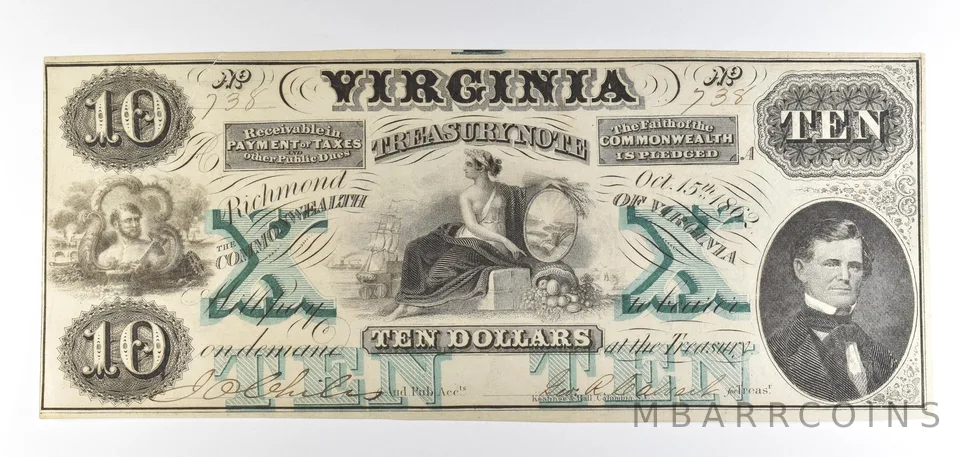 1862 $10 Richmond VA Treasury Note Obsolete Note *8755