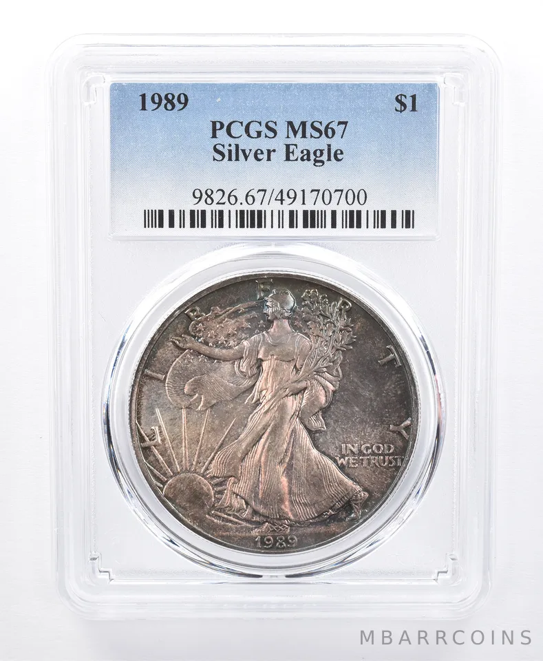 1989 American Silver Eagle MS67 PCGS Purple/Blue Tone *8608