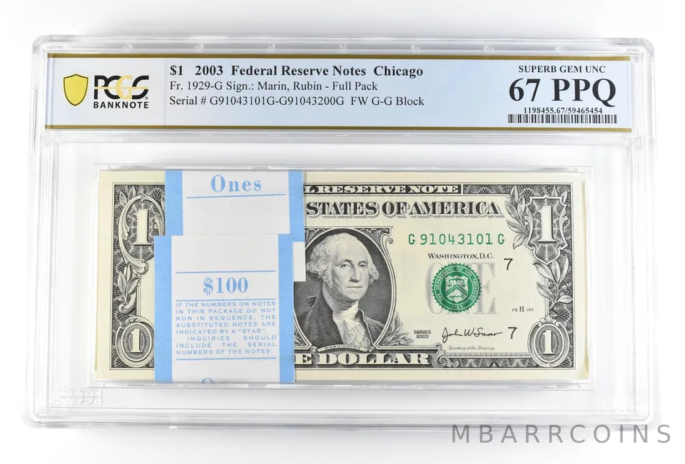 (100) 2003 $1 Chicago IL FRN Fr#1929-G Full Pack Gem Unc 67 PPQ PCGS *0198