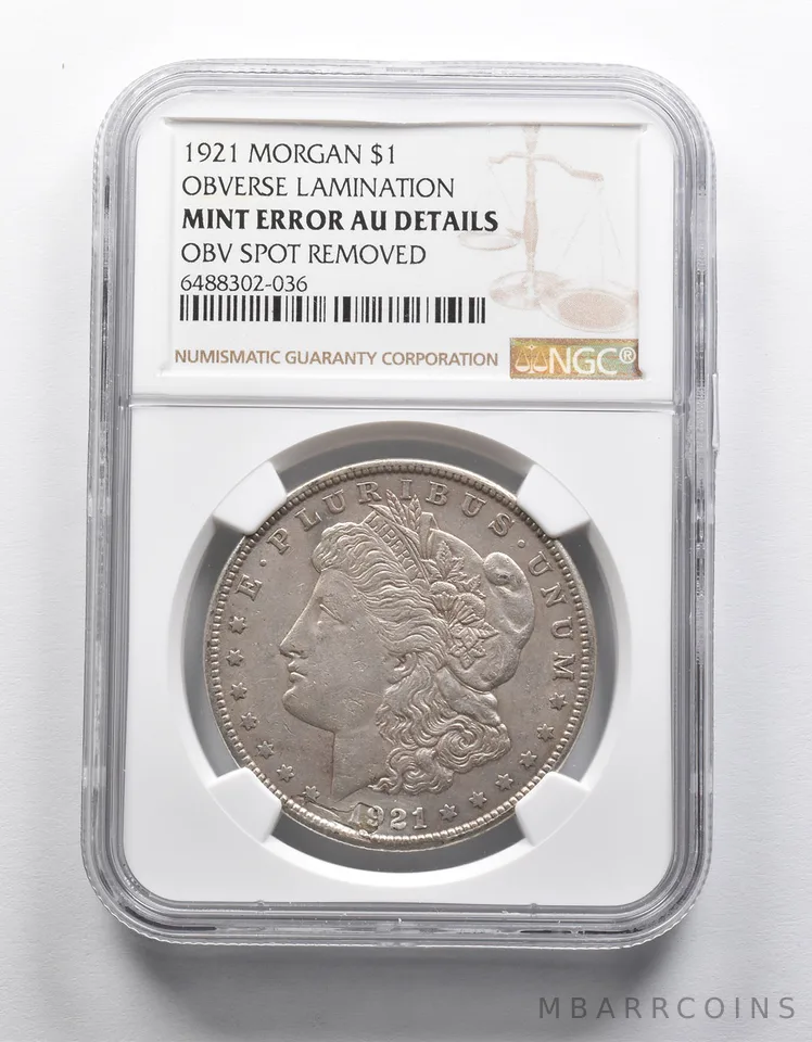 Mint Error AU Details 1921 Morgan Silver Dollar OBV Lamination NGC *1926