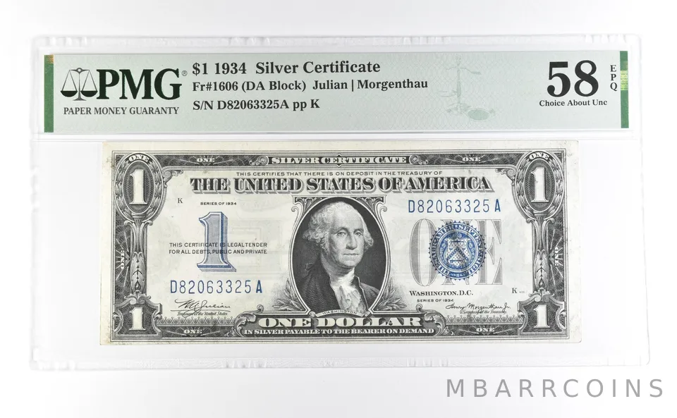 1934 $1 Silver Certificate Fr#1606 Choice About Unc 58 EPQ PMG *6977