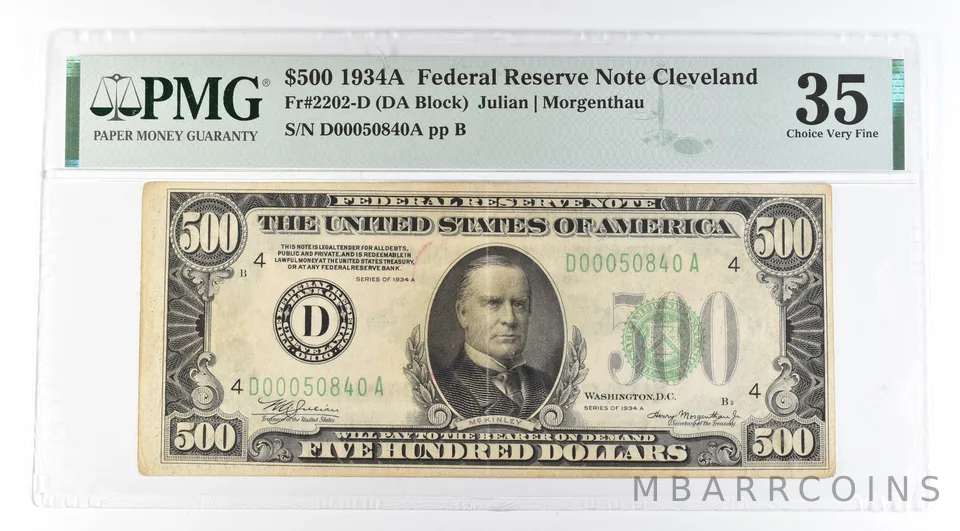 1934 A $500 Cleveland OH FRN Fr#2202-D Choice Very Fine 35 PMG *4872
