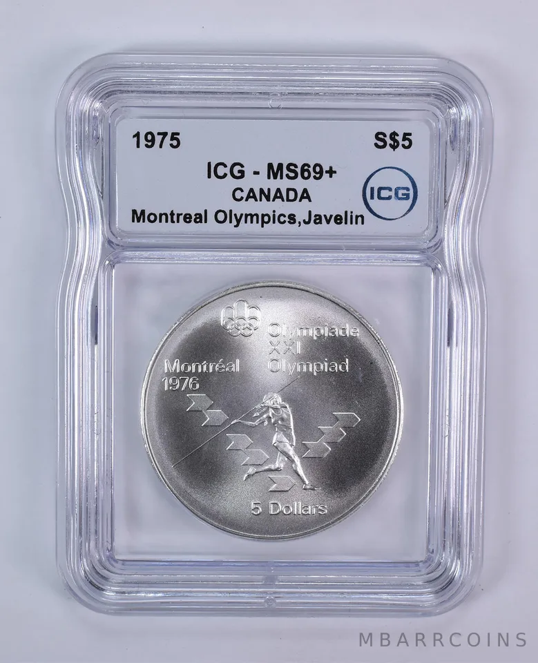 1975 Canada 5 Dollars Silver Montreal Olympics Javelin MS69+ ICG