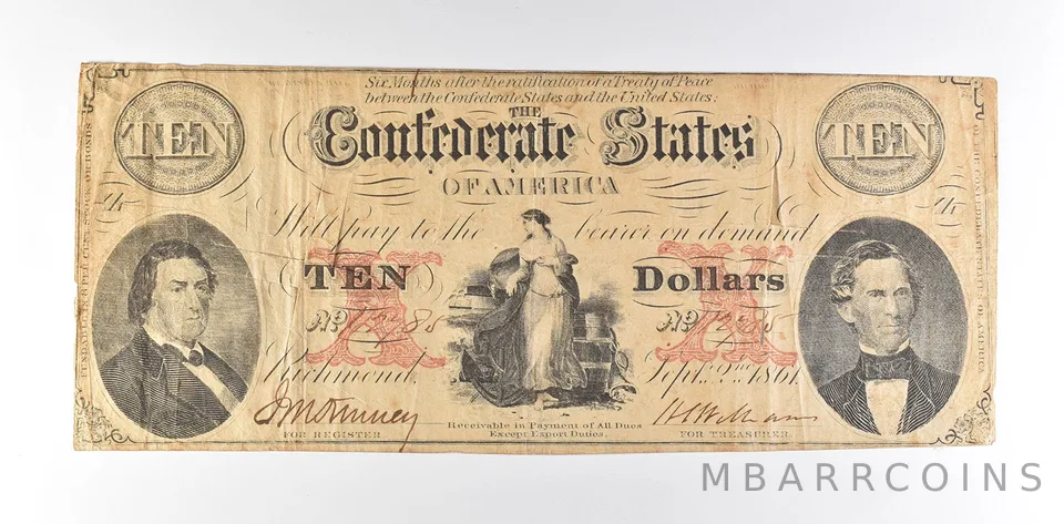 1861 $10 Confederate States Of America T-26 Large Note a8562
