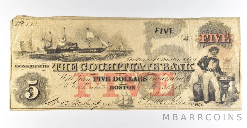 1853 $5 Boston MA Cochituate Bank Obsolete Note *8424