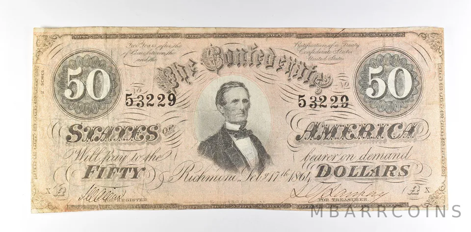 1864 $50 Confederate States Of America T-66 Large Note *8524