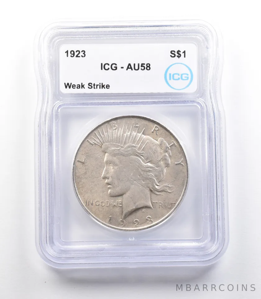 1923 Peace Silver Dollar Mint Error Weak Strike AU58 ICG *2344