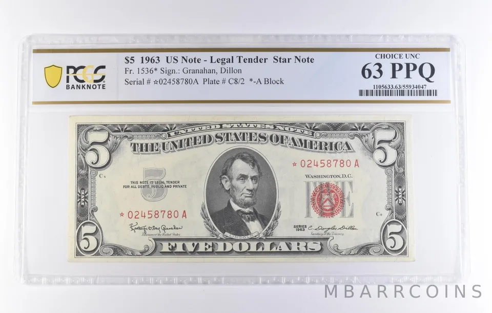 1963 $5 Legal Tender Star Note Fr#1536* Choice Unc 63 PPQ PCGS *8299