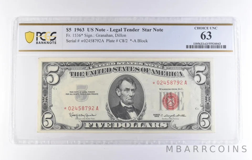 1963 $5 Legal Tender Star Note Fr#1536* Choice Unc 63 PCGS *8296
